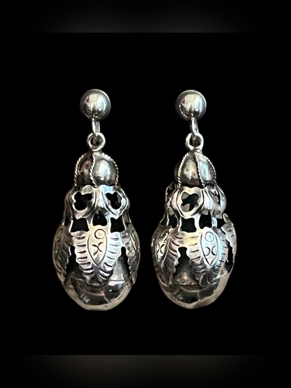 Mexican sterling silver ornate handmade dangle earrings